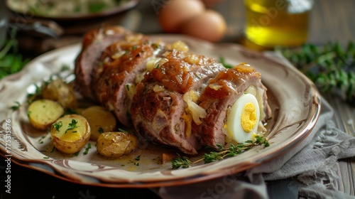 The German dish falscher Hase, meatloaf is a casserole with onions and potatoes, inside of which a whole boiled egg is added.