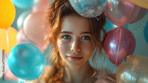 Young woman with happy smile surrounded by electric blue balloons at a fun event