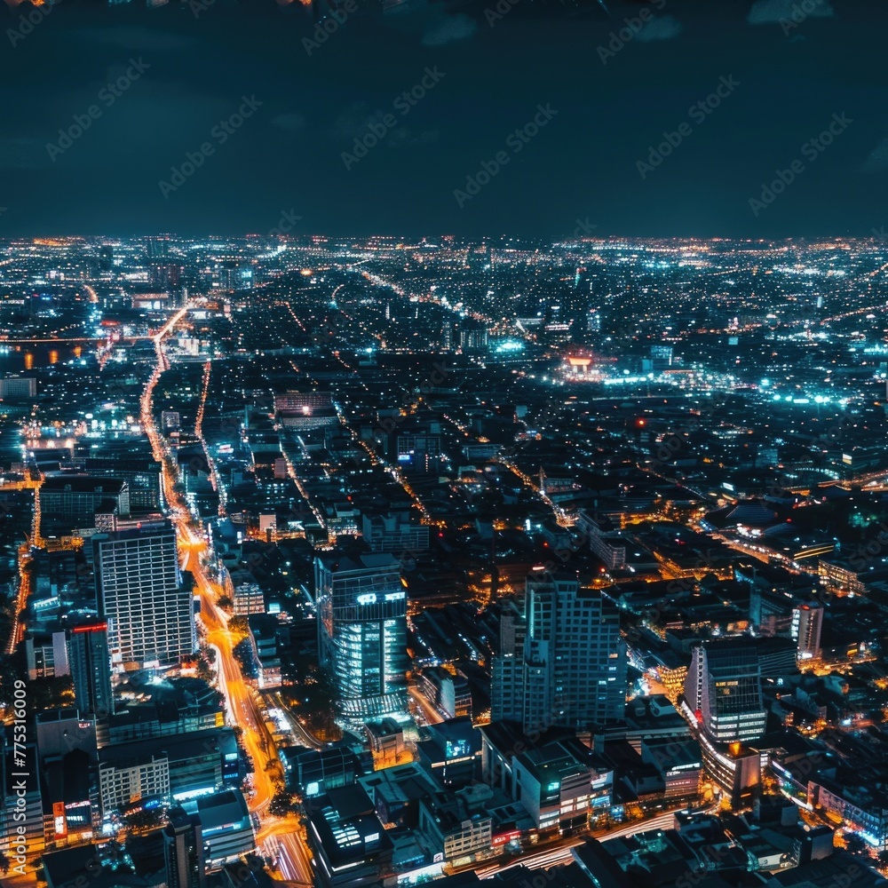 Obraz premium Aerial view of a city at night, perfect for urban landscape concepts
