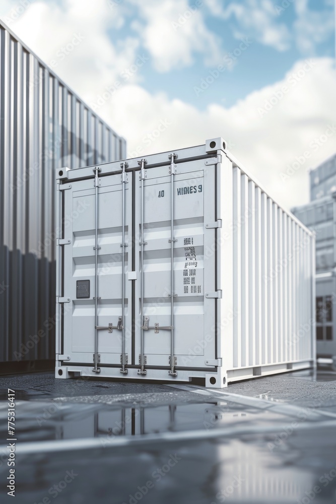 A white container placed on a parking lot, suitable for transportation or storage concepts A white container placed on a parking lot, suitable for transportation or storage concepts
