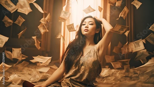 Young asian beautiful creator, there are a lot of falling banknotes made of money around her	 photo