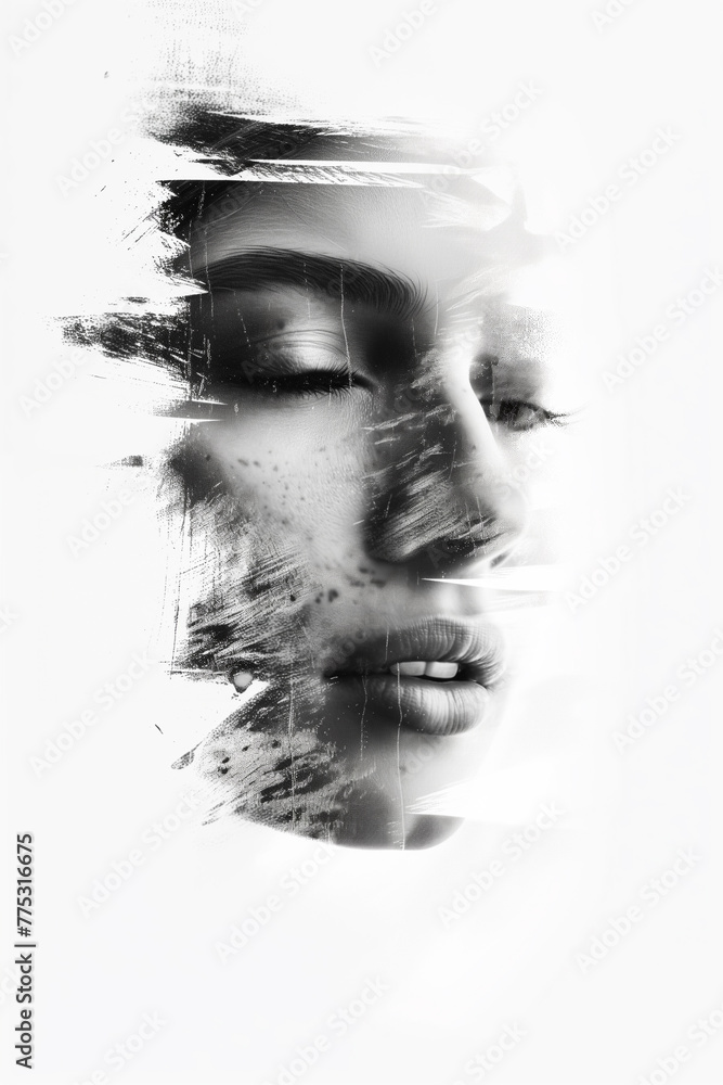 Fine Art Portrait of a Girl with Closed Eyes, Double Exposure with Brush Stroke, Black and White, High Contrast Fine Art Portrait of a Girl with Closed Eyes, Double Exposure with Brush Stroke, Black and White, High Contrast