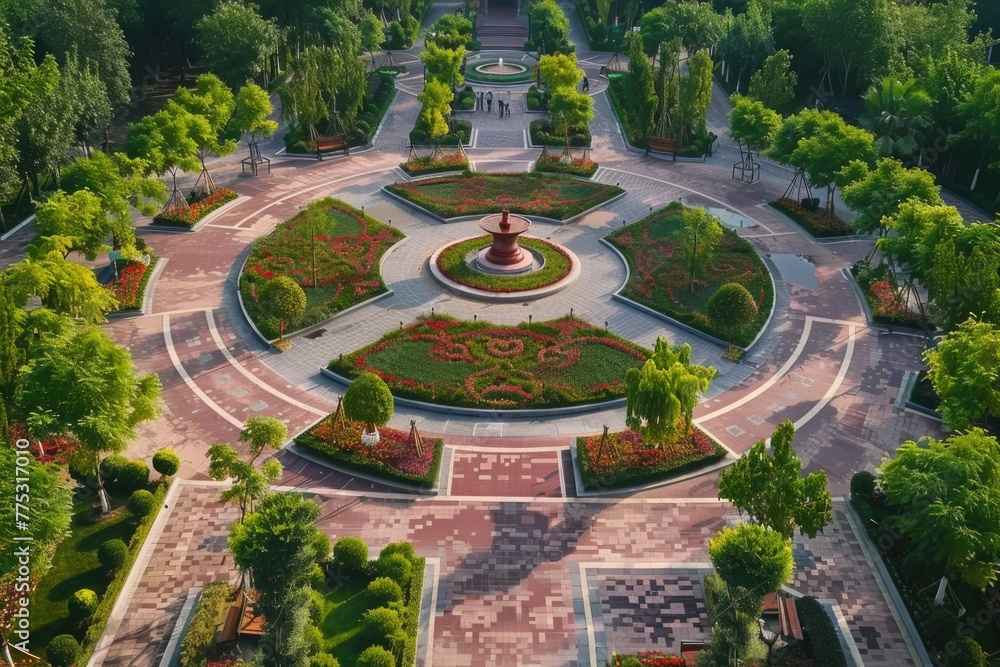 Serene circular garden with a central fountain, surrounded by lush trees. Suitable for various outdoor design concepts