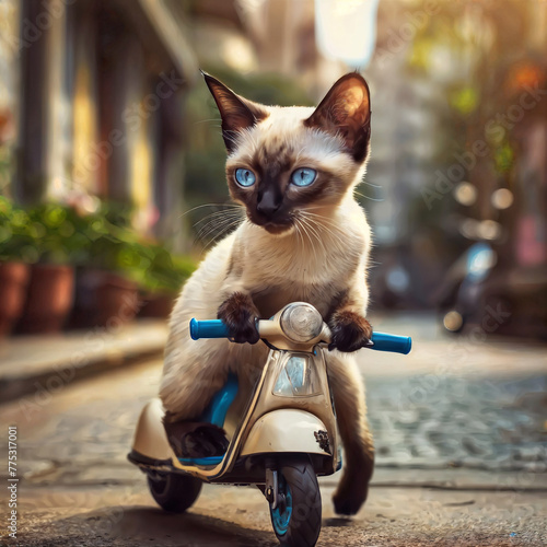 A beautiful Siamese cat on a mini scooter on a large avenue. Generated by AI