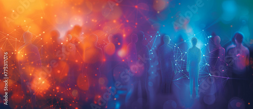 A visually striking banner celebrating unity and connection, portraying diverse people shapes interlinked by dots and lines in a vibrant color palette of blue, orange, and purple. Ai generated
