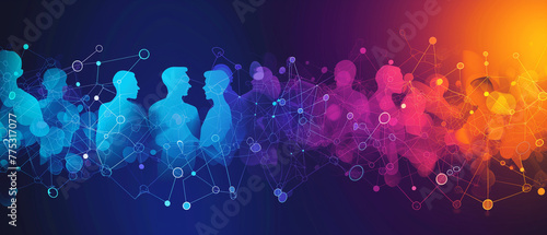 A visually striking banner celebrating unity and connection, portraying diverse people shapes interlinked by dots and lines in a vibrant color palette of blue, orange, and purple. Ai generated