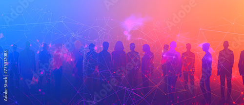 A visually striking banner celebrating unity and connection, portraying diverse people shapes interlinked by dots and lines in a vibrant color palette of blue, orange, and purple. Ai generated