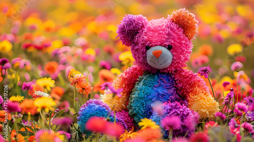 Multi-colored teddy bear in a flower field