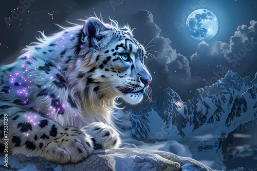 Majestic snow leopard under a full moon