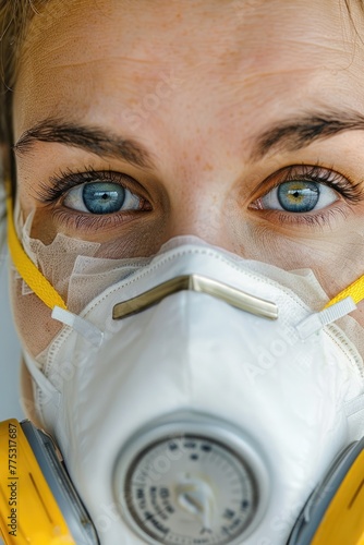 A woman wearing a gas mask and a yellow jacket. Suitable for industrial and environmental themes photo