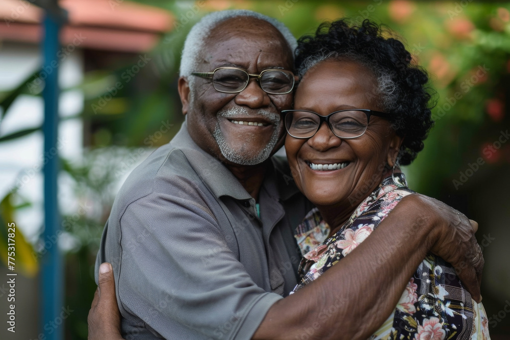 A man and woman are hugging and smiling for the camera A man and woman are hugging and smiling for the camera