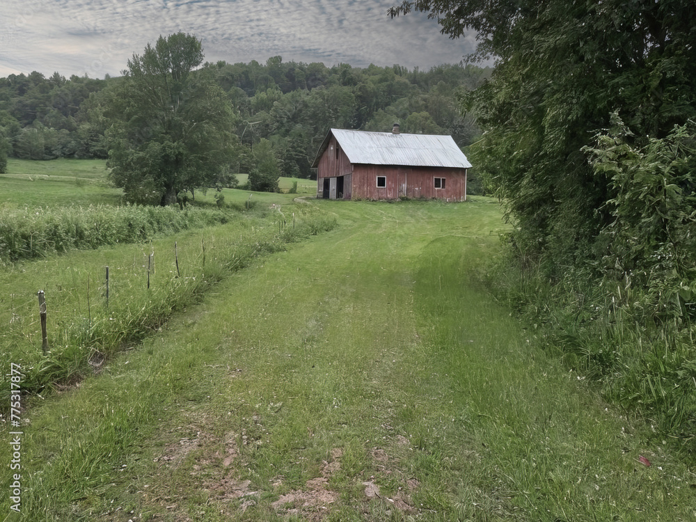 Fototapeta premium Grass Covered Road to Abandoned Barn Near Forest Cloudy Sky