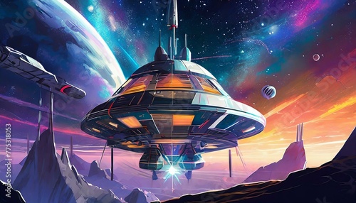 a background wallpaper that explores the wonders of space and technology, featuring futuristic spacecraft, space stations, and celestial landscapes