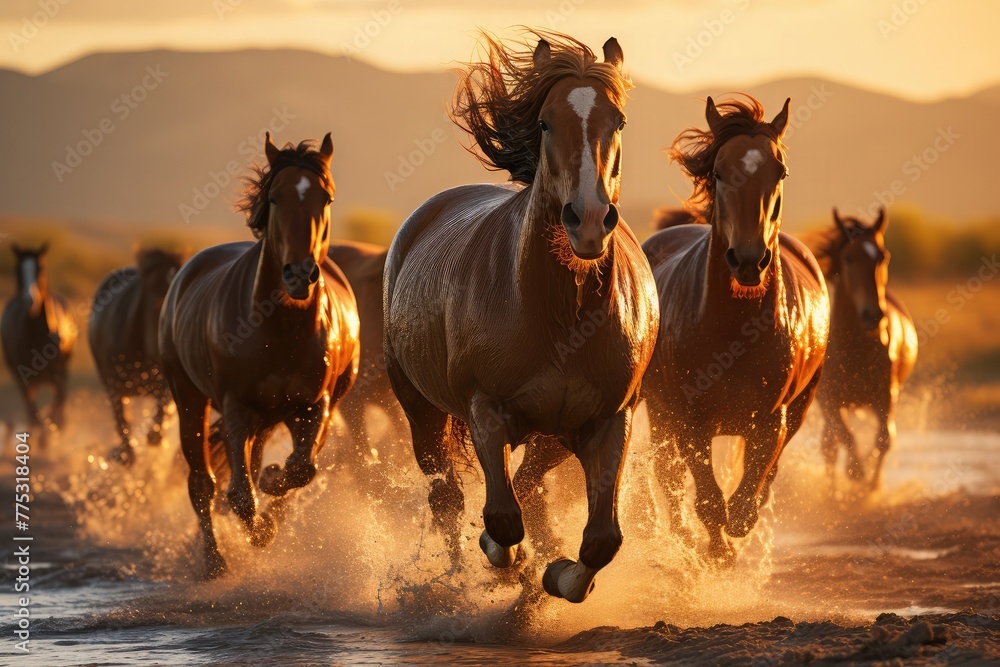 Horses in full gallop their flowing manes catching the wind, running across a golden savannah under the warm rays of a setting sun, emphasizing the power and grace of their movement Horses in full gallop their flowing manes catching the wind, running across a golden savannah under the warm rays of a setting sun, emphasizing the power and grace of their movement