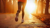 bodypart of legs of a female person jogging on the road at sunset or sundown in a foggy day
