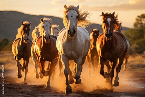Horses in full gallop their flowing manes catching the wind, running across a golden savannah under the warm rays of a setting sun, emphasizing the power and grace of their movement © SaroStock