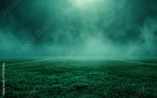 Empty soccer field with fog and smoke. Concept of sport spotlights empty game field. generative ai