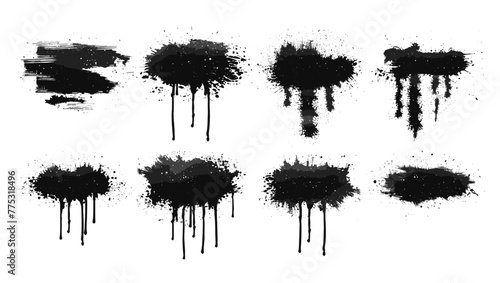インク スプラッタ セット、ベクター ペイント ブラシ ストローク キット、黒いグランジ汚れ、落書きテクスチャの液体スプラッシュ。抽象的な汚い塊、白で隔離される乱雑な形状描画コレクション。インク飛び散り印刷要素