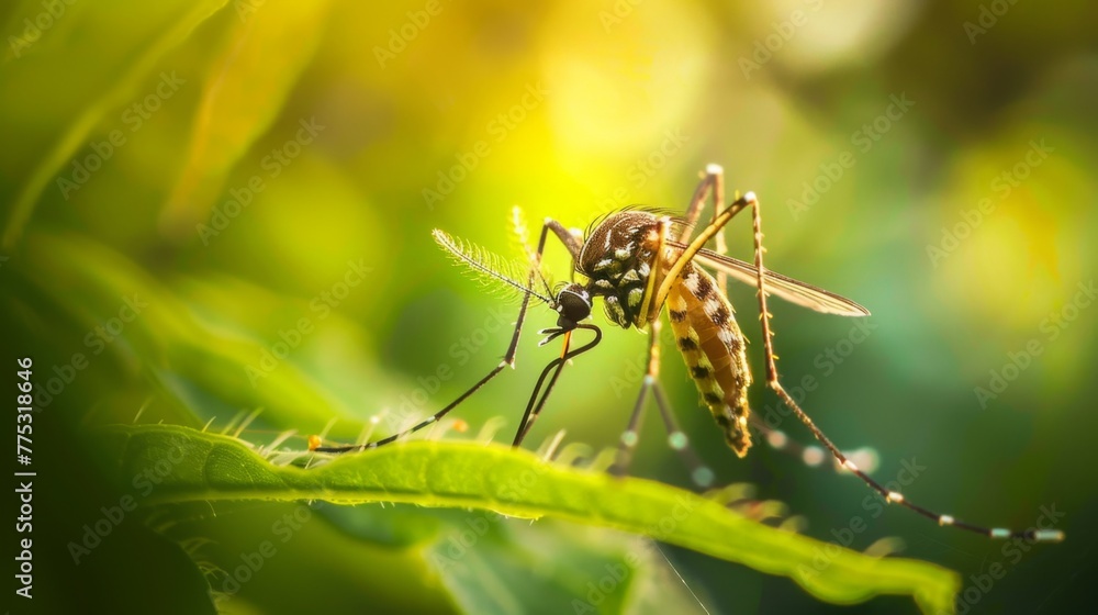 Mosquito Perched on Green Leaf. Mosquito Perched on Green Leaf.