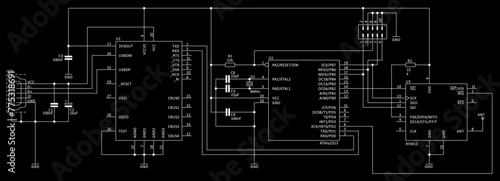 Technical schematic diagram of electronic device.
Vector drawing electrical circuit with 
micro controller, integrated circuit, capacitor, resistor,
usb connector, other electronic components.