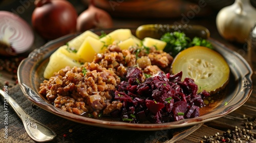The German dish Labskaus has fried minced meat, fried potatoes, grated beetroot, a piece of salted fish, onions and a pickle on a plate.  photo