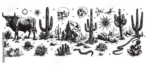 リノカット ウエスタン ボホ セット、テキサス砂漠彫刻プリント コレクション、ベクター キャニオン野生生物、サボテン。テクスチャ グランジ アリゾナ ロデオ グラフィック、雄牛、馬、蛇、頭蓋骨のシルエット。ミスティックリノカットウエスタン