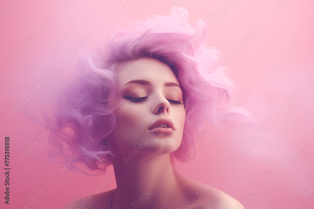 Beautiful Woman with pink smoke instead of her hair, her hair is actually smoke with pink purple colors, the woman has closed eyes and relaxed face, flat pastel color background. Ai generated
