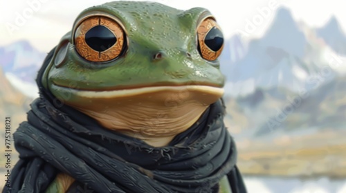  A photo of a close-up of a frog wearing a scarf on its neck, against a backdrop of mountains