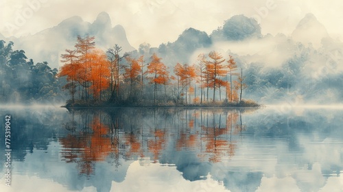 Stunning view of misty landscape with reflection of trees in lake water