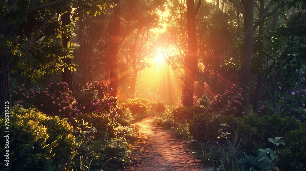 A walkway through a magical forest with a stunning sunset