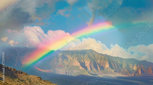 A rainbow stretching over the top of a mountain.