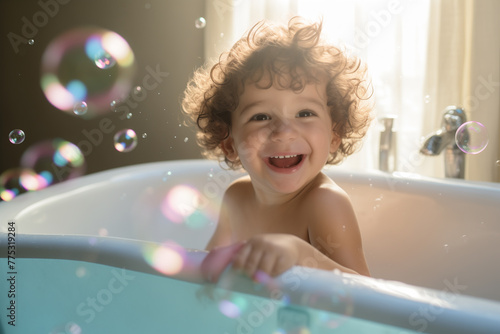 Pure joy unfolds as a small kid smiles, immersed in the bathtub, captivated by the simple pleasure of playful soap bubbles. Ai generated