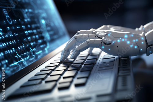 White Robotic Hand Seamlessly Navigates Laptop Keys, Symbolizing Precision and Innovation in Technological Advancement. Ai generated
