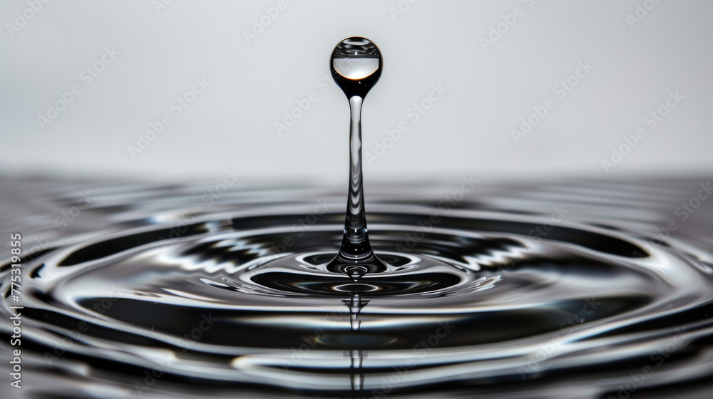 Water droplet splash, high-speed photography, ripples, black and white, minimalistic, close-up, still life, reflection Water droplet splash, high-speed photography, ripples, black and white, minimalistic, close-up, still life, reflection