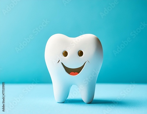 White Cute and Funny Smiling Tooth Characters with Faces Isolated on Blue Turquoise Background