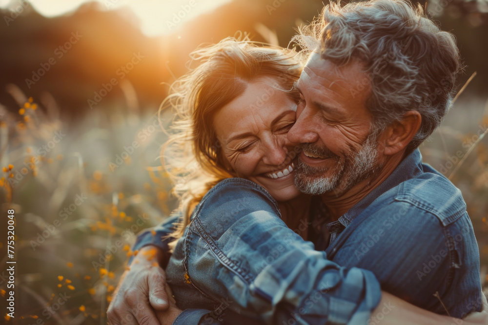 A man and woman hugging and smiling in a field A man and woman hugging and smiling in a field