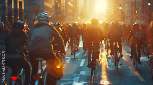 Cyclists riding through a bustling street