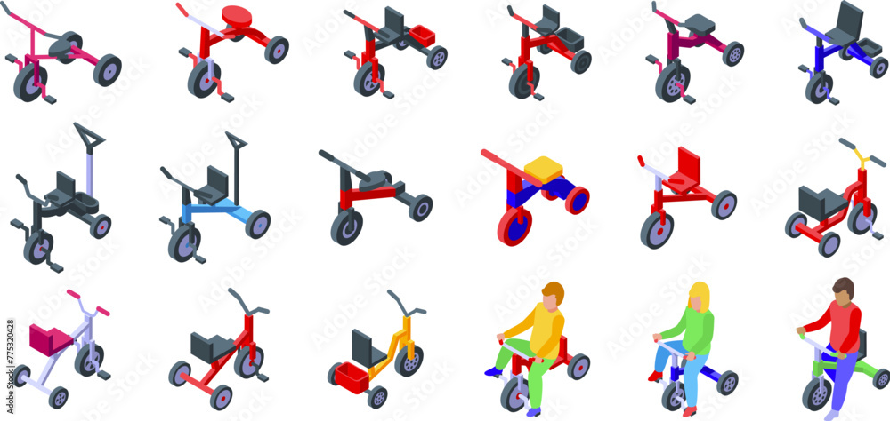 Kids tricycle icons set isometric vector. Riding bike. Character transport
