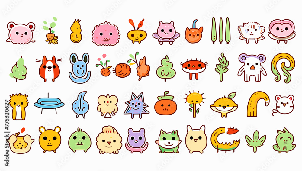 カラフルな子供たちの漫画のアイコンのコレクション。孤立した背景に面白いライン落書き装飾のセット。シンプルなキッドアートバンドルには、子供のキャラクター、動物、自然のシンボルが含まれています。 カラフルな子供たちの漫画のアイコンのコレクション。孤立した背景に面白いライン落書き装飾のセット。シンプルなキッドアートバンドルには、子供のキャラクター、動物、自然のシンボルが含まれています。