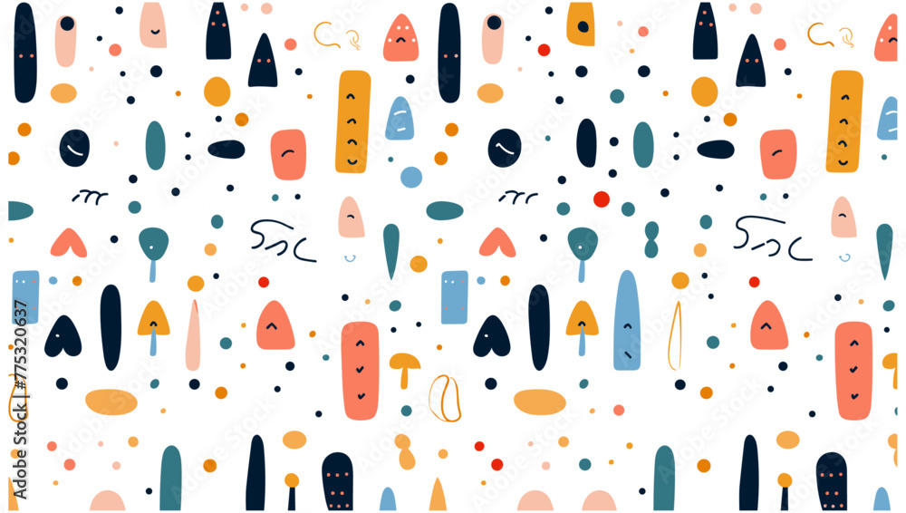 楽しいカラフルな落書きのシームレスなパターン。子供向けの創造的なミニマリスト スタイルのアートの背景や、幾何学的な形をしたトレンディなデザイン。シンプルな子供っぽい背景。