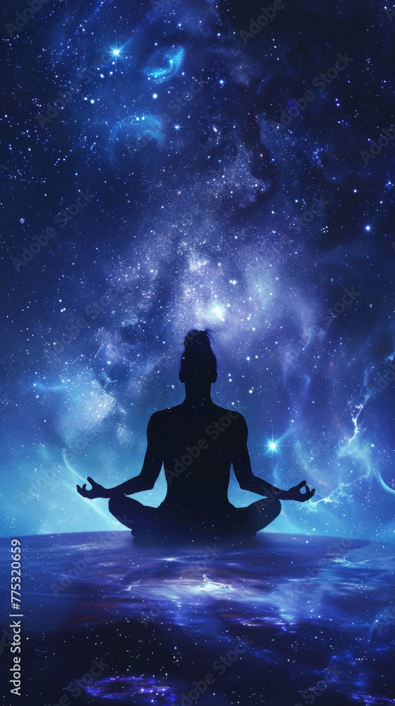 Silhouette of a person meditating under a mesmerizing cosmic starry sky.