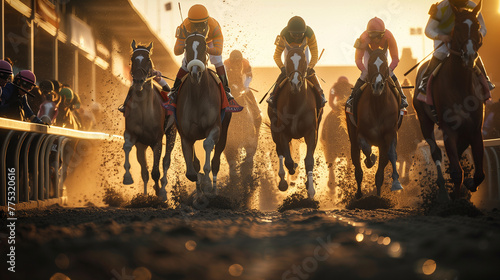 a group of horses and riders in kentucky Derby at starting gate. © aciddreamStudio