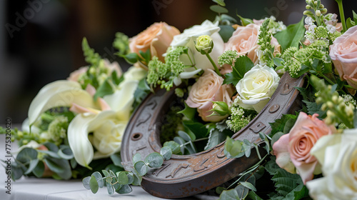 a horseshoe on a table surrounded by flowers for Kentucky Derby themed dinner table..