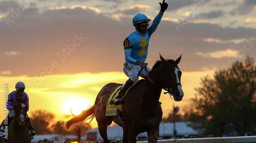 a jockey  on his horse raising hand as victory, Kentucky Derby.