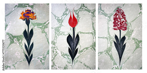 Creative ebru art background with abstract paint. Marbling texture floral patterns