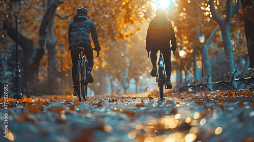 Cyclists riding through a city park