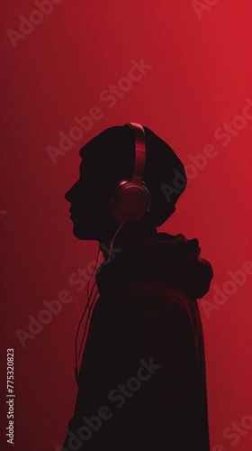 Contemplative man in silhouette with headphones against a deep red gradient, immersed in sound