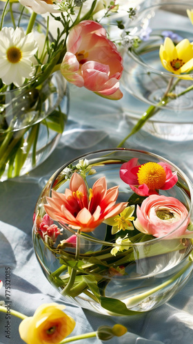 Low Floating Flowers in a fishbowls on a table with pale blue tablecloth as decoration for Kentucky Derby dinner table..