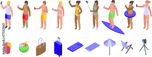 Selfie summer beach icons set isometric vector. Happy vacation. Seashore holiday