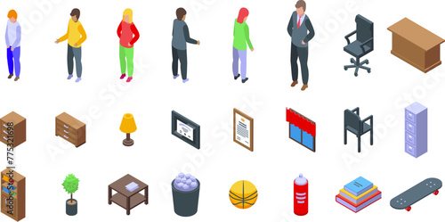 School principal office room icons set isometric vector. Director furniture. Education control